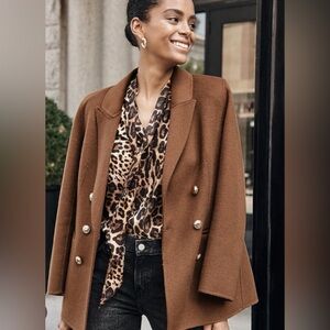 Express Hand Sewn Wool Blend Double Breasted Novelty Button Brown Blazer Jacket